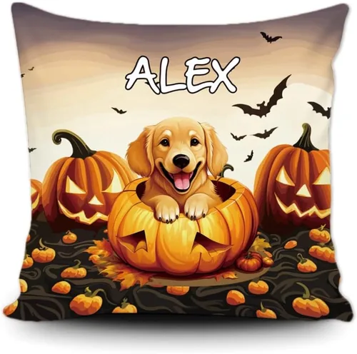 Miniatura 19 de Funda de almohada personalizada de Halloween, diseño de perro Golden Retriever, calabaza, cachorro inteligente, funda de cojín decorativa de lona 34