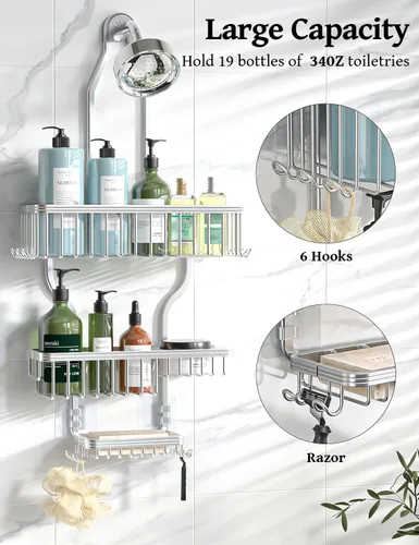 Miniatura 2 de YASONIC Organizador de Ducha Colgante - Organizador de Ducha que Nunca se Oxida - Organizador de Aluminio Sobre la Cabeza con 10 Ganchos para Plata