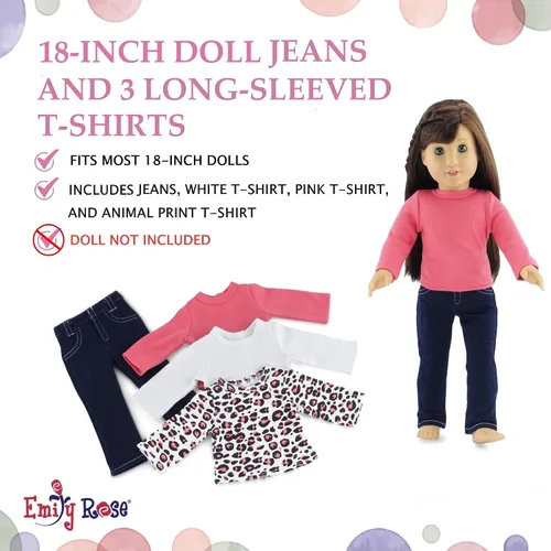 Miniatura 2 de Emily Rose - Conjunto de 4 jeans elásticos azules ajustados + 3 camisetas de manga larga (guepardo blanco y rosa) - Juego de armario básico
