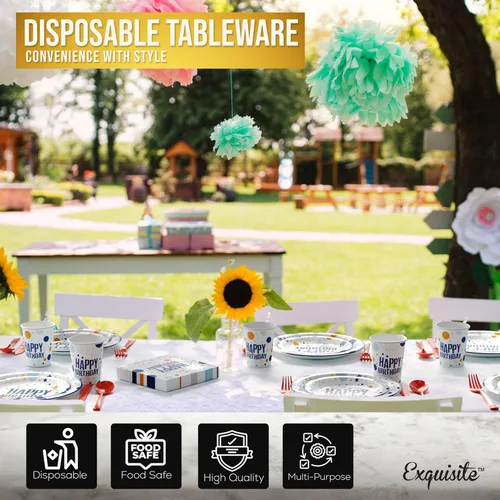 Miniatura 4 de Exquisite 350 Piezas Platos de Plástico de Cumpleaños Azules Para Fiestas, Juego de Platos Desechables de Cumpleaños Azules, 50 de Cada Juego