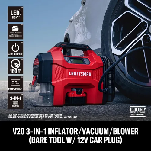 Miniatura 2 de CRAFTSMAN Inflador de neumáticos 3 en 1, compresor de aire portátil de 160 PSI/aspiradora de automóvil/soplador de polvo, 20 V inalámbrico y 12 V