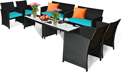 Miniatura 14 de Tangkula Juego de muebles de mimbre para patio de 4 piezas, juego de sofá y mesa Patiojoy con 4 asientos, juego de sofá de ratán al aire libre