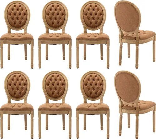 Miniatura 35 de Juego de 4 sillas de comedor francesas vintage, con respaldo redondo, tapizadas, de piel sintética, con ribete de cabeza de clavo y marco de madera