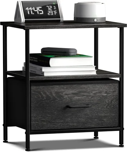 Miniatura 17 de Sorbus Mesita de noche con 1 cajón, mueble de noche y mesa auxiliar con marco de acero, parte superior de madera y contenedores de tela fáciles