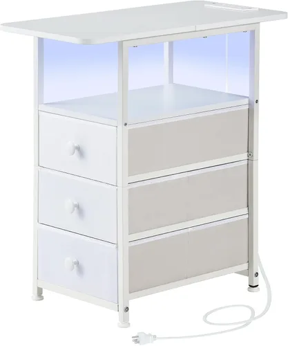 Miniatura 15 de DALEMHOME Mesa Auxiliar, Mesa Lateral Estrecha con 3 Cajones de Tela, Mesita de Noche Estrecha, Mesa de Cama Pequeña con Almacenamiento, para Sala