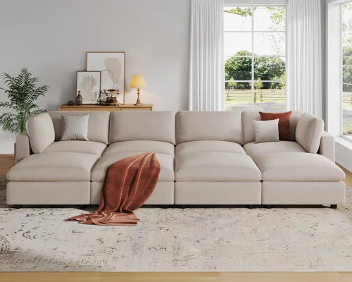 Miniatura 29 de VANOMi Sofá modular, cómodo sofá con marco de madera maciza de 3 asientos, sofá moderno certificado FSC para sala de estar, beige