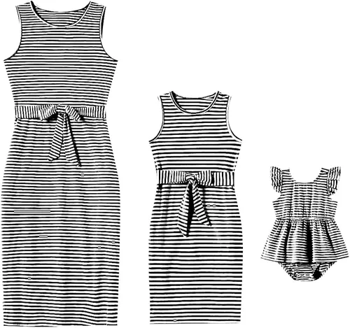 Miniatura 5 de IFFEI Mommy and Me - Vestidos de verano para mujer, sin mangas, a rayas, vestido casual con lazo en la cintura, mini vestidos familiares a juego