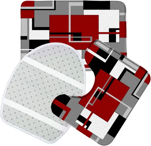 Miniatura 3 de Juego de 3 tapetes de baño geométricos rojos, negro, blanco y gris, líneas minimalistas abstractas geométricas de mediados de siglo, cubierta