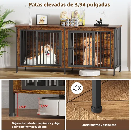 Miniatura 2 de EasyCom - Mueble jaula para 1 o 2 perros, individual o doble, resistente jaula para interiores, base para televisión, mediano, 63 pulgadas de largo