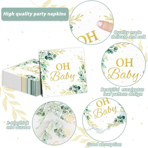 Miniatura 3 de Servilletas de hojas de eucalipto Oh Baby Servilletas para baby shower verdes Suministros de fiesta Sage Green Servilletas para almuerzo Servilletas