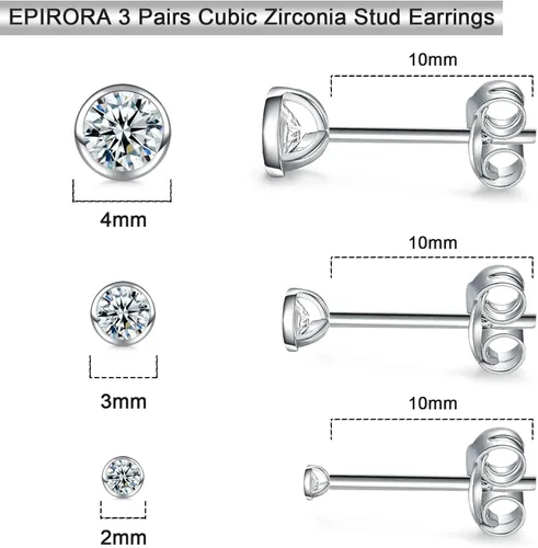 Miniatura 2 de Aretes tipo dormilona de plata esterlina para mujeres, hombres, niñas. 3 pares de pequeños aretes redondos de circonita cúbica con circonita cúbica