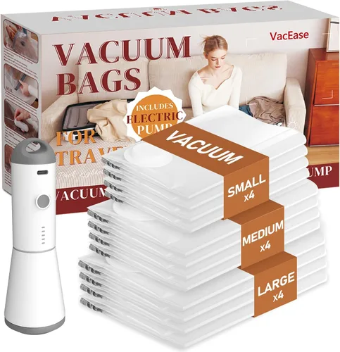 Vacbird Bolsas de Vacío de Viaje con Bomba de Aire Inalámbrica Recargable, Paquete de 12 Bolsas de Almacenamiento al Vacío con Sellado para Ropa (4