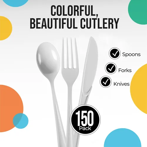 Miniatura 2 de Party Solids Cubiertos de plástico blanco resistentes, 150 piezas desechables de color blanco, juego de utensilios de cocina, 50 de cada tenedor