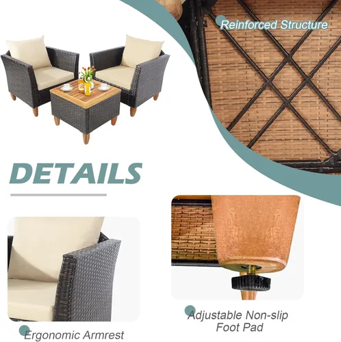 Miniatura 5 de COSTWAY Juego de muebles de ratán para patio, 3 piezas, sillas de conversación de ratán para exteriores con cojines suaves y mesa de madera de Beige