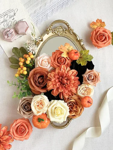 Miniatura 13 de FACINOC Ramos de Rosas Artificiales Naranjas, Juego de Caja de Flores Artificiales con Tallos para DIY, Bodas, Despedidas de Soltera, Decoraciones