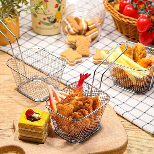 Miniatura 3 de Maxdot 60 unidades, mini cesta cuadrada para papas fritas con asa cromada, soporte para papas fritas, cesta de presentación de alimentos