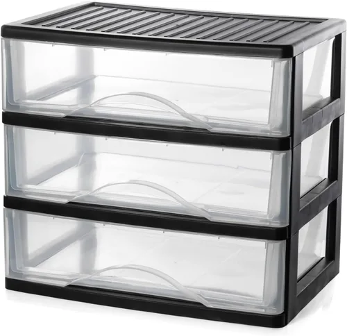 BYCY Organizador de escritorio mediano de plástico negro apilable con 3 cajones para suministros de oficina, cajones de almacenamiento apilables