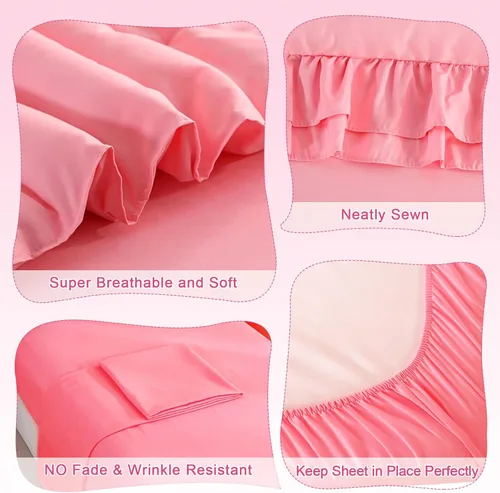 Miniatura 5 de Juego de ropa de cama para niñas pequeñas, 4 piezas con volantes dobles, suave y transpirable, juego de ropa de cama para cuna, incluye edredón Rosa