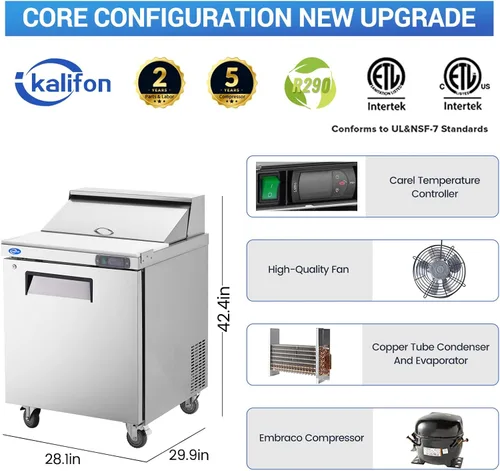Miniatura 5 de Refrigerador de 28 pulgadas de ancho y 1 puerta, mesa de preparación de ensalada, refrigerador comercial de acero inoxidable con tabla de cortar, 1