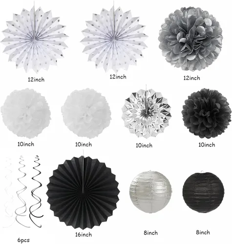 Miniatura 2 de Kits de decoración para fiestas negro blanco-plata - 33 piezas, banderas, guirnaldas con borlas para graduación, pompones de papel de seda tipo