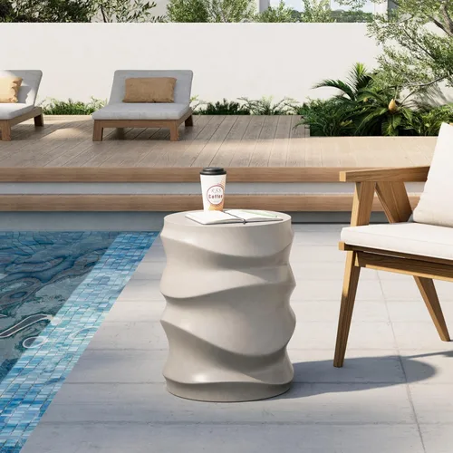 Miniatura 20 de HOMPUS Mesa auxiliar de hormigón para exteriores, mesa auxiliar redonda MgO para patio, taburete de jardín ligero para uso en interiores, patio