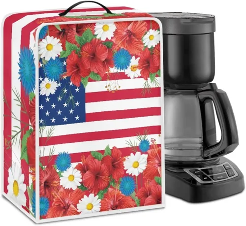 Cubierta antipolvo para cafetera con bandera americana, cubierta antipolvo, cubierta para licuadora, flores rojas margaritas, soporte para batidora
