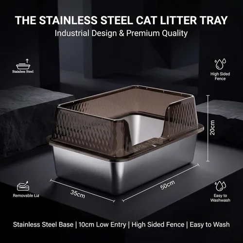 Miniatura 7 de Suhaco - Caja pequeña de arena para gatos de acero inoxidable, entrada lateral, paredes altas, cajas de arena profundas para gatitos con lados Negro
