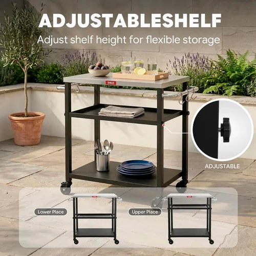 Miniatura 6 de Feasto Mesa de parrilla de 3 estantes, soporte para horno de pizza con estante, carrito de parrilla para horno de pizza móvil, parrilla