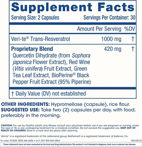 Miniatura 6 de ProHealth Resveratrol 1000mg Trans-Resveratrol puro Plus Quercetina, vino tinto y extracto de té verde Clínicamente estudiado para apoyar