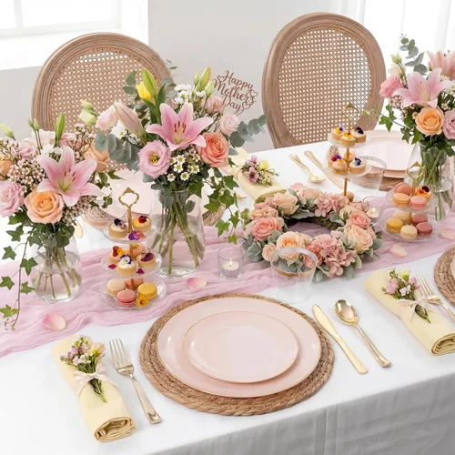 Miniatura 4 de KIRE 175 platos rosados desechables – Juego de vajilla de plástico rosa y dorado resistente, 25 para cena, 25 para postre, 25 servilletas