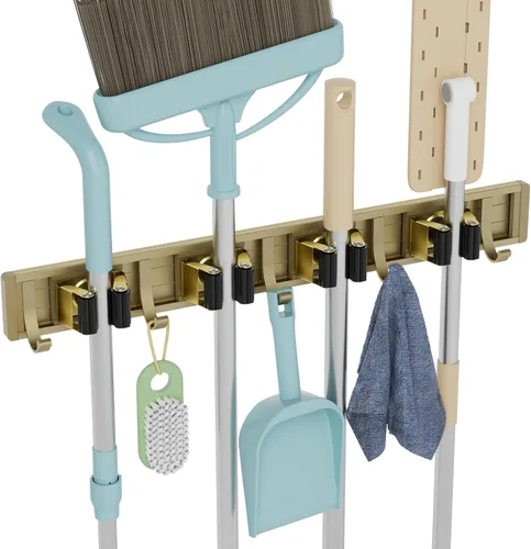 Miniatura 11 de reliahom Soporte de Pared para Escobas y Fregonas Soporte Montado en Pared para Garaje Organizador de Almacenamiento para Cocina y Jardín Negro