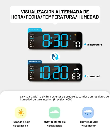 Miniatura 4 de Reloj de pared digital, reloj digital con pantalla grande con control remoto, despertador LED con cable con fecha, semana, temperatura, humedad, DST