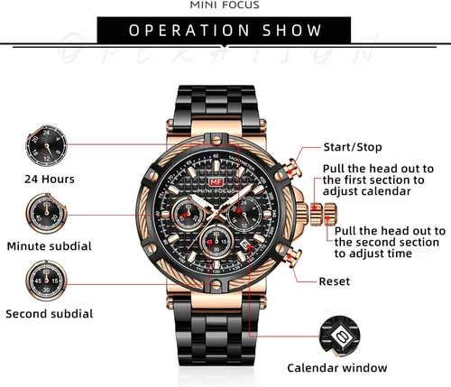 Miniatura 5 de MF MINI FOCUS Relojes de negocios para hombre (cronógrafo/resistente al agua/luminiscente/calendario/24 horas) Relojes de cara grande con banda