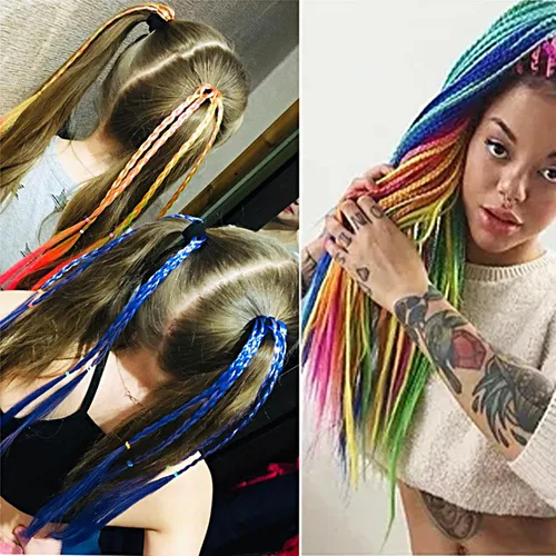 Miniatura 5 de KAGNAL 8 extensiones de cabello de trenzas de colores con bandas de goma, extensiones de cabello para niñas, extensiones sintéticas multicolor