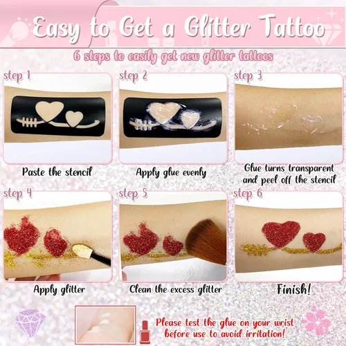 Miniatura 5 de TEUVO Kit de tatuaje con purpurina para niños con 50 colores, 177 plantillas, 25 calcomanías de patrones mixtos (colores/luminosos), 2 calcomanías