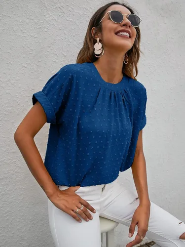Miniatura 3 de Romwe Blusa casual de trabajo con cuello redondo y manga corta plisada para mujer