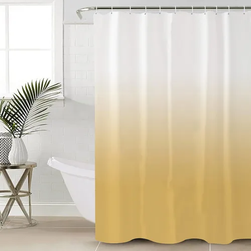 QueenKer Cortina de ducha de tela impermeable color amarillo y blanco degradado con 12 ganchos de plástico, cortinas de baño para hombres, hogar,