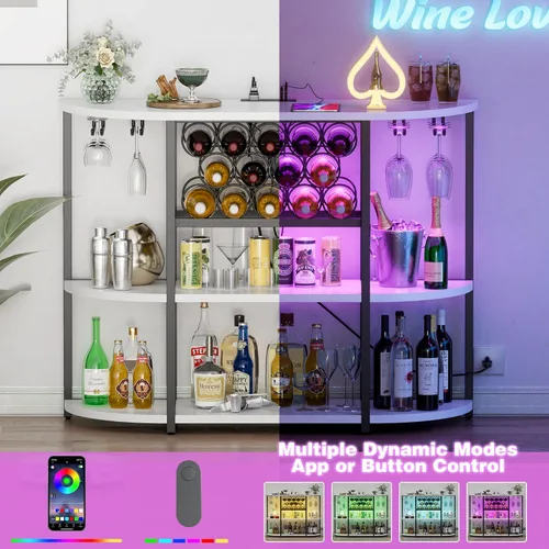 Miniatura 5 de Furmax Armario de bar de vino para barra de licor, armario de mesa con luces y tomacorriente, almacenamiento de 4 niveles, estantes de vino Blanco