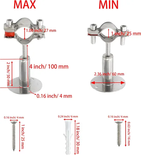Miniatura 3 de 2 soportes de tubería de acero inoxidable 304 plateados, colgador de anillo ajustable con tornillos, altura de 2-4 pulgadas (1.969-3.937 in)