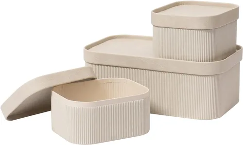 Miniatura 8 de Cajas de almacenamiento decorativas beige con tapas, cestas de almacenamiento con tapas similares al cuero, cajas de papel apilables resistentes