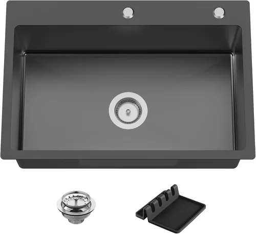 Miniatura 26 de Fregadero Negro de Cocina y Bar, Fregadero de Cocina de Acero Inoxidable de 15 x 17 Pulgadas para Empotrar, Fregadero de Bar Moderno de Un Solo