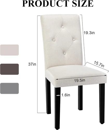 Miniatura 3 de VECELO Juego de 2 sillas de comedor tapizadas, tela moderna y patas de madera maciza y respaldo alto para cocina/sala de estar, color beige