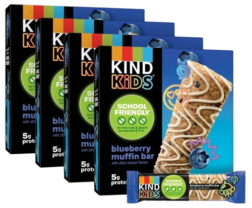 KIND Barras de granola para niños, magdalenas de arándanos, sin gluten, bajas en sodio, bocadillos sin maní y nueces de árbol, 0.18 onzas de