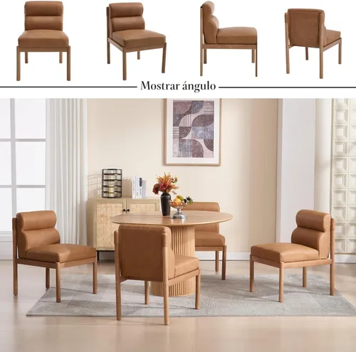Miniatura 7 de CIMOTA Juego de 6 sillas de comedor tapizadas modernas, de piel sintética, sillas laterales sin brazos Boucle con respaldo curvo/patas de madera