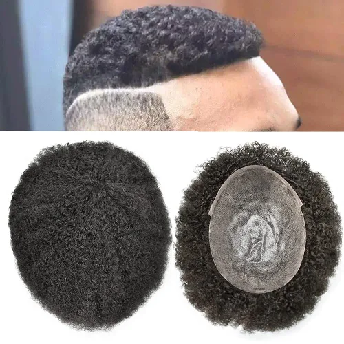Miniatura 10 de Afro Toupee para hombres negros, rizado brasileño, pieza de cabello humano de 8 x 10 pulgadas, unidades de cabello negro, afroamericano afro