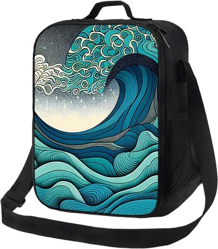 Un patrón de ondas azules y verdes en el estilo. Lonchera portátil aislada, reutilizable, para mujeres, hombres, trabajo, picnic, campamento, 10.5 x