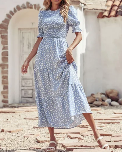 Miniatura 106 de BTFBM Vestidos para mujer, cuello redondo, casual, de verano, con volantes, manga corta, bohemio, con niveles, fruncido, largo, con estampado floral