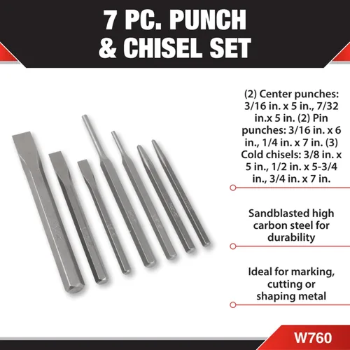 Miniatura 2 de Performance Tool W760 - Juego de punzón y cincel de 7 piezas, acero de alto carbono, ideal para metalurgia
