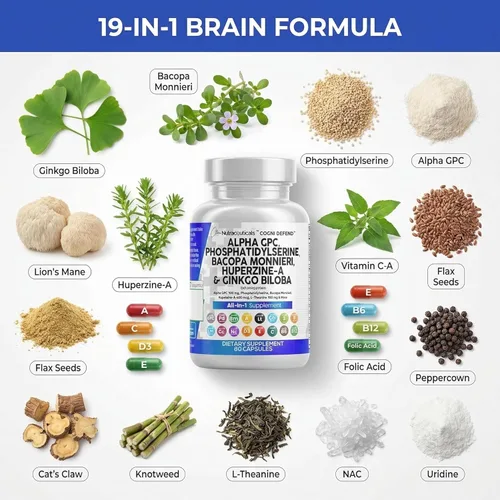 Miniatura 4 de Clean Nutraceuticals Alpha GPC Colina Fosfatidilserina Bacopa Monnieri Ginkgo Biloba Huperzina A Suplemento con Urdina, Mane de León, Garra de Gato
