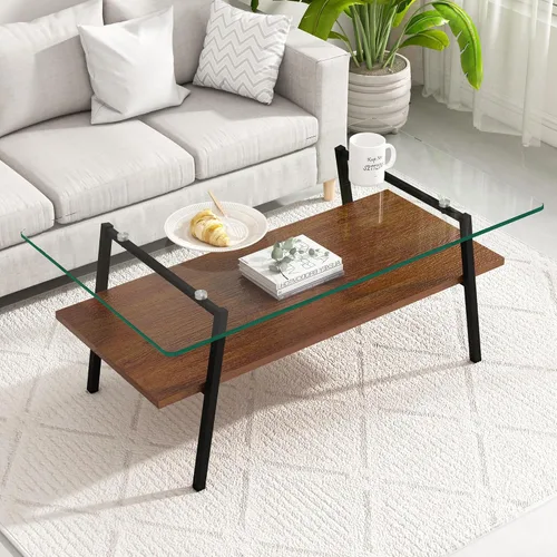 Miniatura 17 de Mesa de centro moderna rectangular con tapa de vidrio templado con estante de madera para el hogar, sala de estar, oficina, tienda o dormitorio